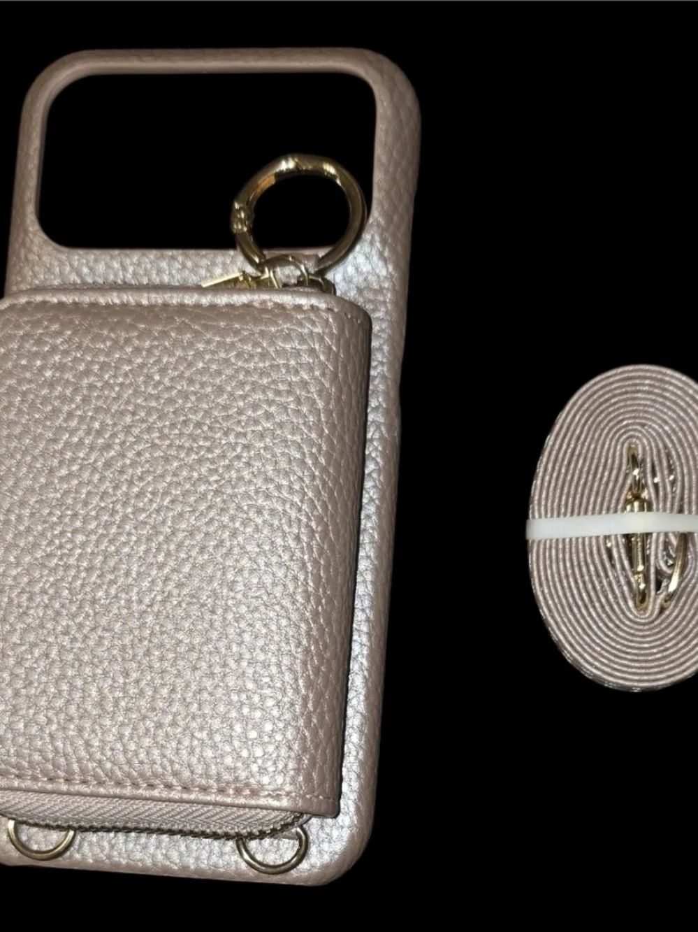 iPhone 17 Pro Max Crossbody Wallet Case - Metallic Rose Gold Zipper Purse